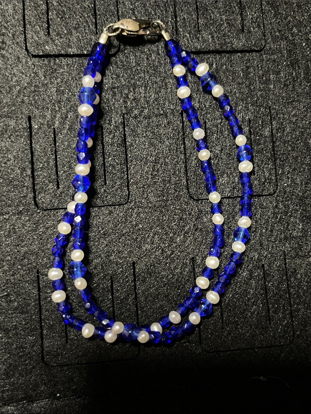 Cobalt Blue Crystal and White Pearl Two-Strand Bracelet